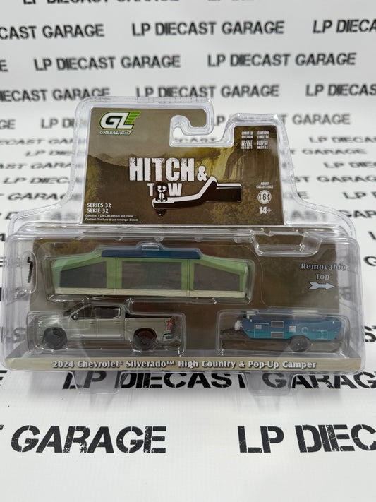 GREENLIGHT 2024 Chevrolet Silverado & Pop-Up Camper Gray 1:64 Diecast Hitch & Tow