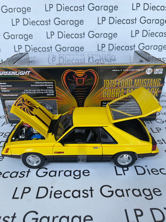 GREENLIGHT 1979 Ford Mustang Cobra Bright Yellow with Black & Red Cobra Hood Graphics and Stripe Treatment 1:18 Diecast