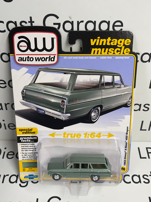 AUTO WORLD 1963 Chevy II Nova 400 Wagon Green 1:64 Diecast Vintage Muscle