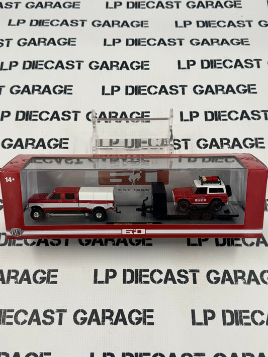 M2 Haulers 1987 Ford F-350 + 1966 Bronco Red 1:64 Diecast