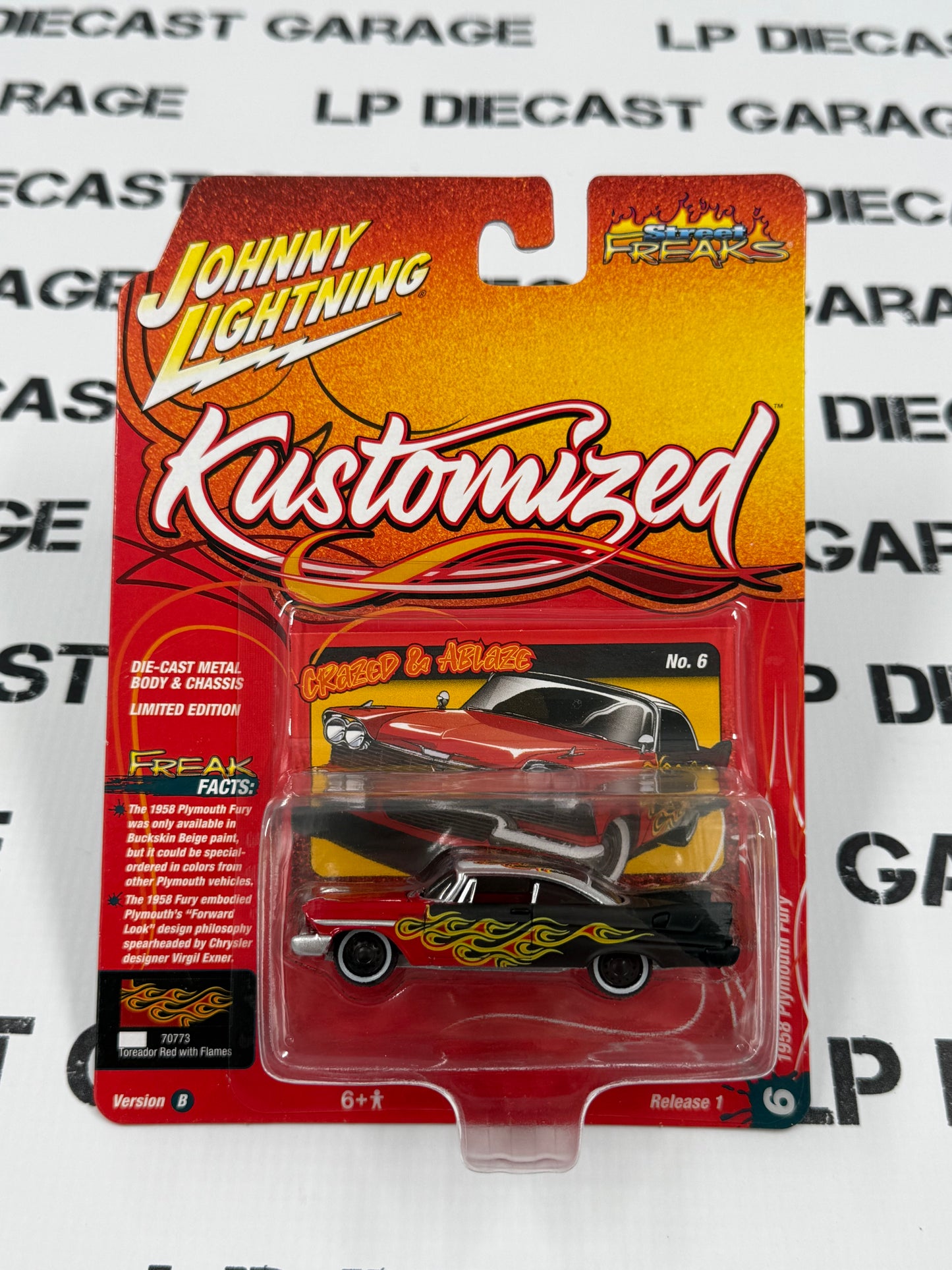 JOHNNY LIGHTNING 1958 Plymouth Fury Black w/ Red Flames 1:64 Diecast