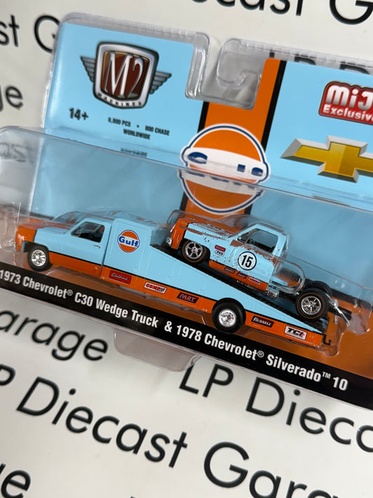 M2 1973 Chevrolet C30 Ramp Truck & Bedless Silverado Gulf 1:64 Diecast MiJo