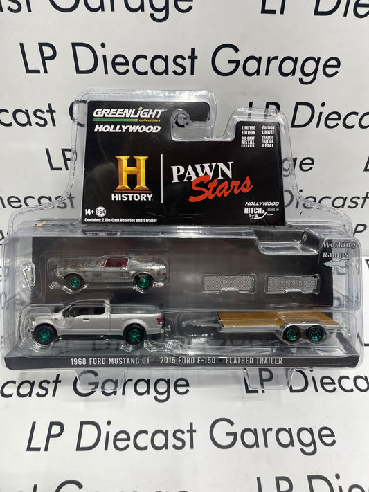 GREENLIGHT *GREEN MACHINE* Hitch & Tow Hollywood Pawn Stars 1968 Ford Mustang GT 2015 Ford F150 Trailer Set 1:64 Diecast