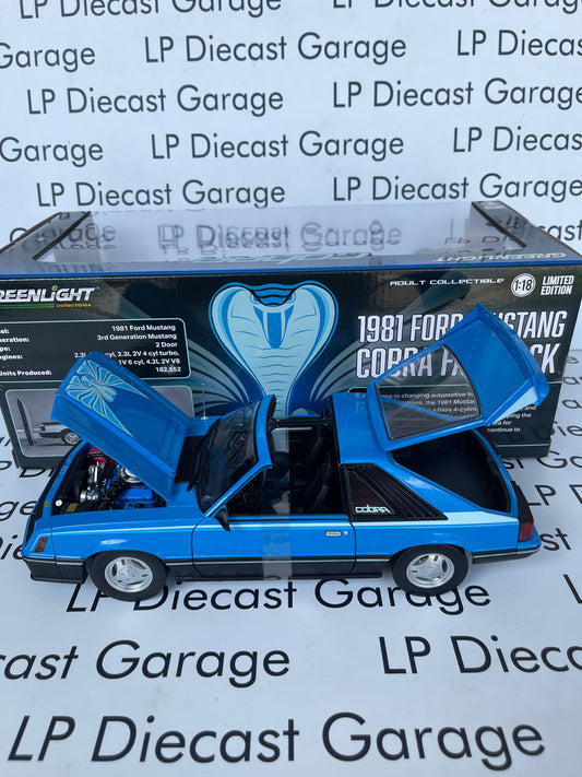 GREENLIGHT 1981 Ford Mustang Cobra T-Top Medium Blue with Light Blue Cobra Hood Graphics and Stripe Treatment 1:18 Diecast