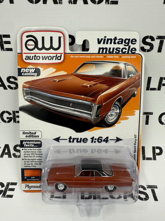 AUTO WORLD 1970 Plymouth Sport Fury GT Burnt Orange 1:64 Diecast Vintage Muscle