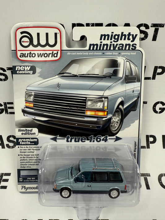 AUTO WORLD 1987 Plymouth Voyager Ice Blue 1:64 Diecast Mighty Minivans