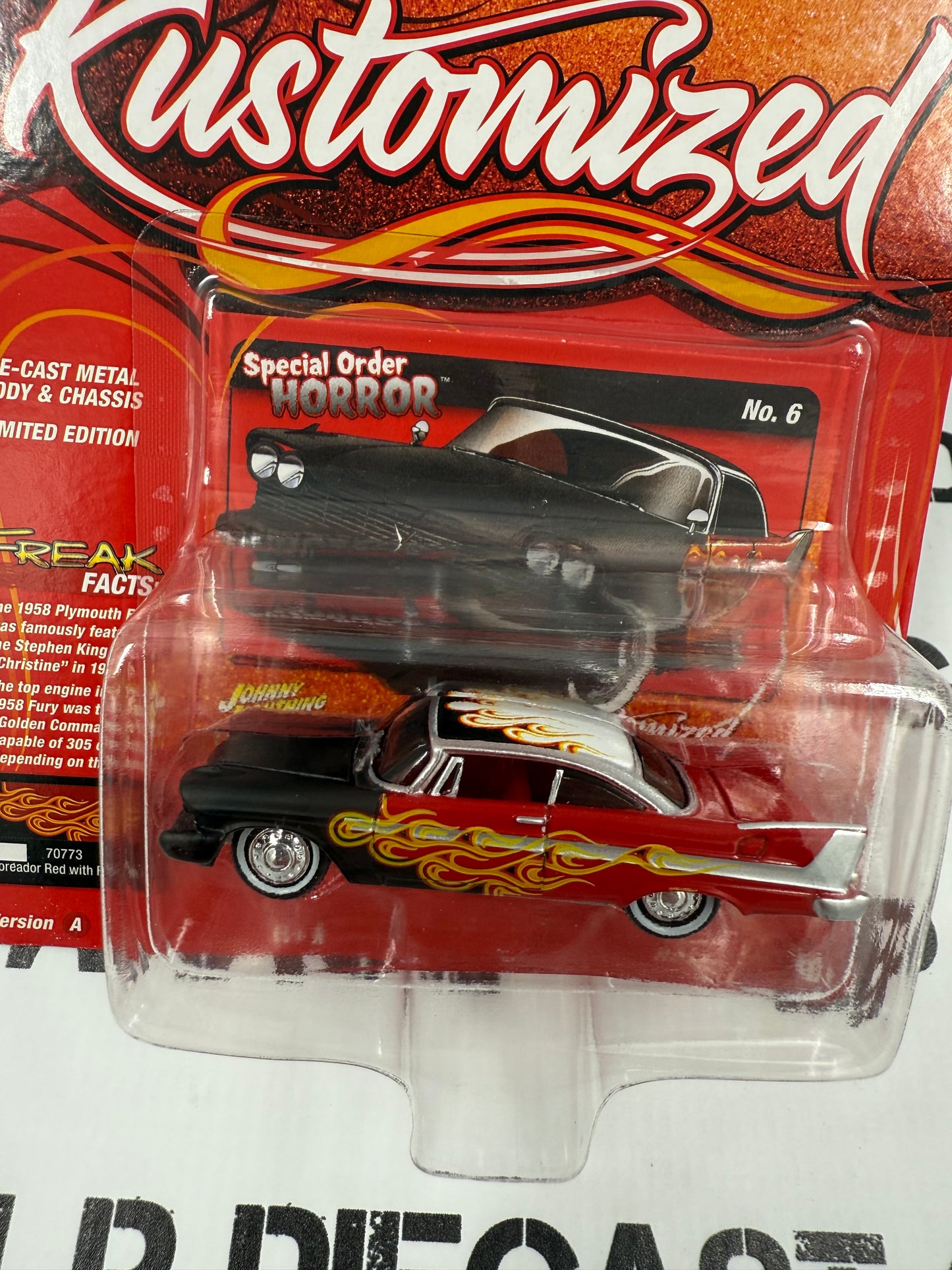 JOHNNY LIGHTNING 1958 Plymouth Fury Red w/ Black Flames 1:64 Diecast