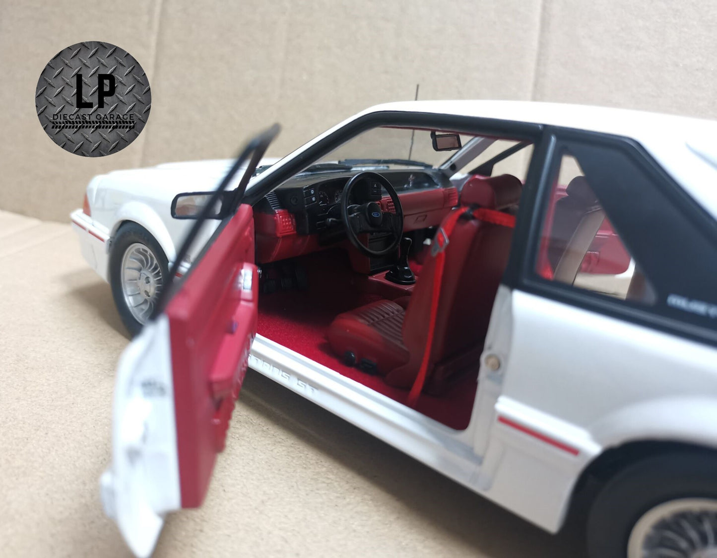 *PRE-ORDER* GMP 1988 Ford Mustang GT Oxford White w/ Red Body Stripe LP Diecast Garage Exclusive 1:18 Diecast Q4 2023 Release