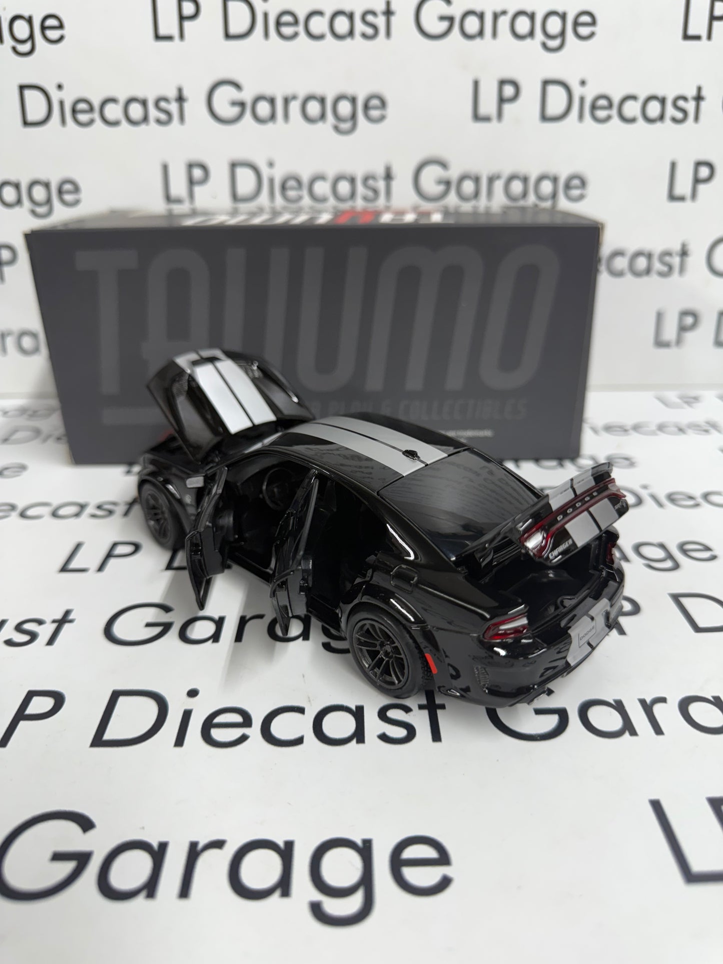 TAYUMO 2020 Dodge Charger Hellcat Black w/ Silver Stripes 1:36 Scale Diecast Lights & Sound