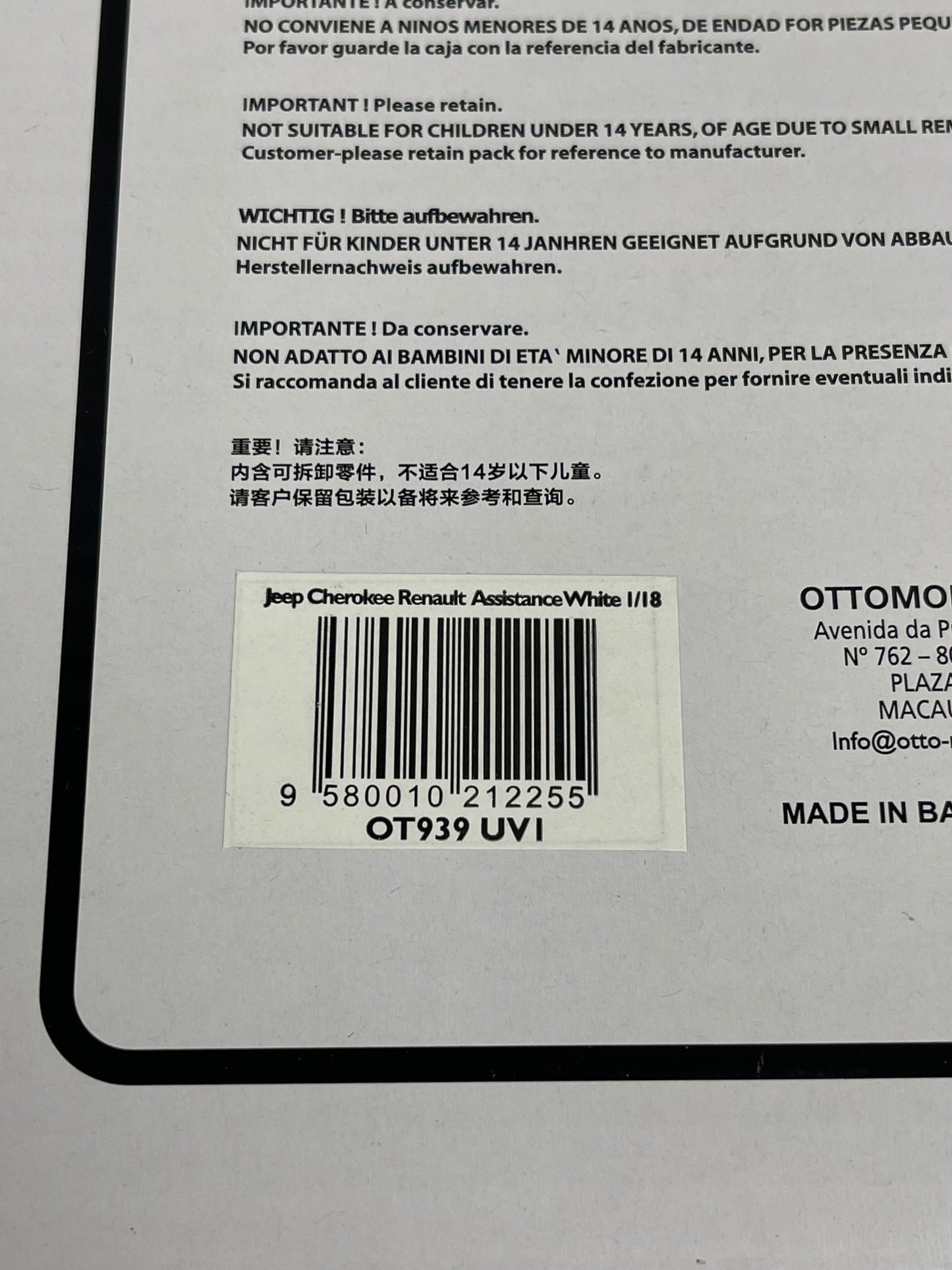 OTTO MOBILE Jeep Cherokee XJ Renault Assistance White 1:18 Scale Resin Model OT939