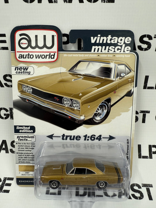 AUTO WORLD 1968 Dodge Coronet R/T Gold 1:64 Diecast Vintage Muscle