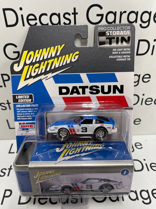 JOHNNY LIGHTNING 1981 Datsun 280ZX BRE Tribute Blue 1:64 Diecast Collector Tin