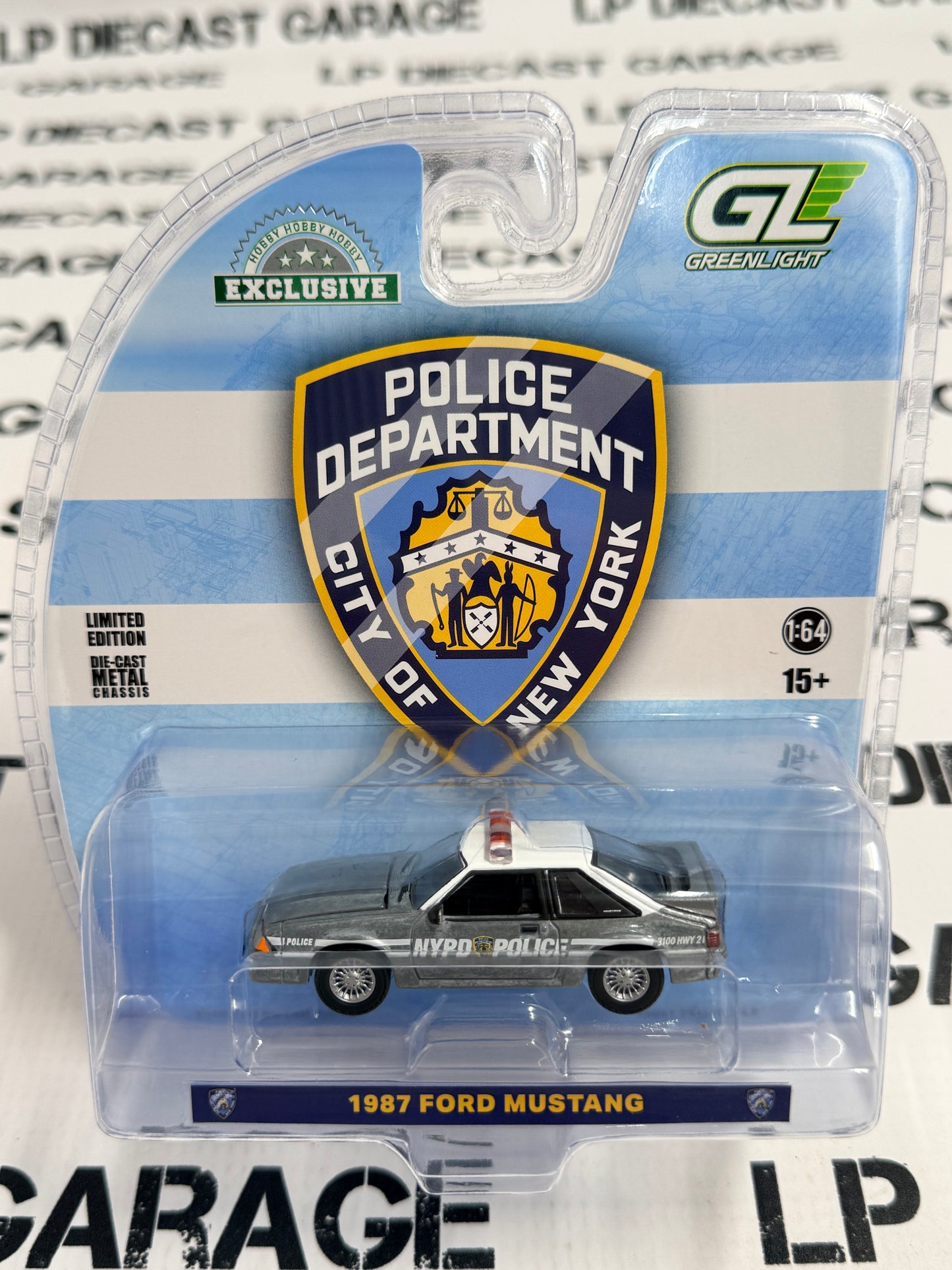 RAW CHASE GREENLIGHT 1987 Ford Mustang GT NYPD Police Car 1:64 Diecast Hobby Exclusive