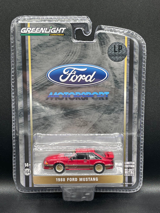 GREENLIGHT 1988 Ford Mustang Motorsport "SLN" Scarlet Red with Gold Decals LP Diecast Garage Exclusive 1:64 Diecast Promo