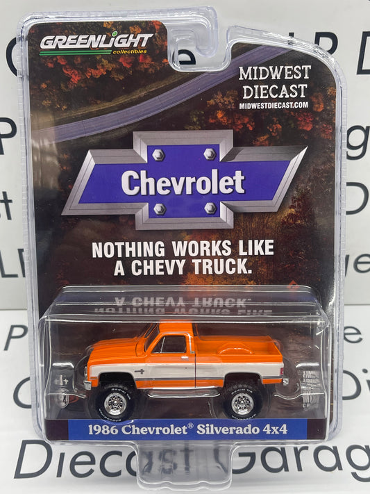GREENLIGHT 1986 Chevrolet Silverado 4x4 Midwest Exclusive Orange White 1:64 Diecast