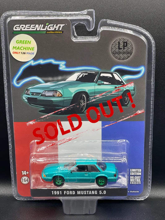 GREEN MACHINE CHASE GREENLIGHT 1991 Ford Mustang 5.0 LX Calypso LP 1:64 Diecast