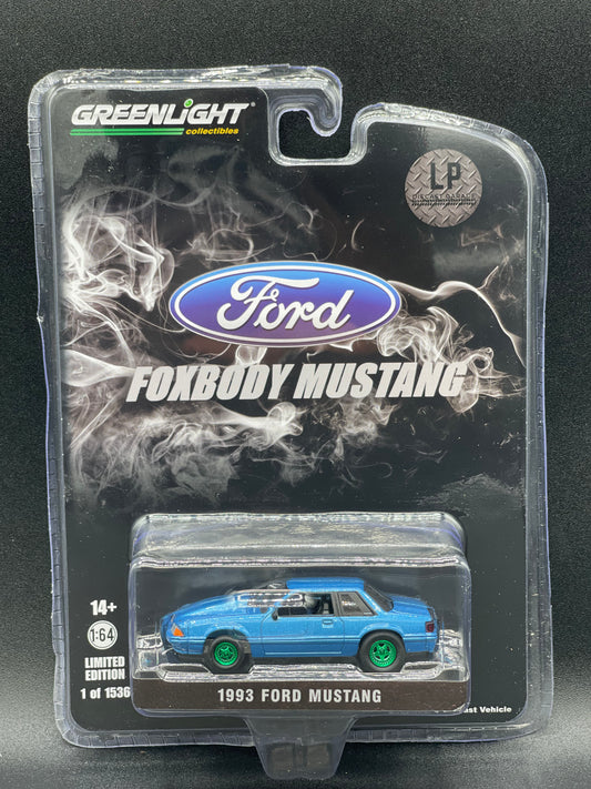 GREEN MACHINE CHASE GREENLIGHT 1993 Ford Mustang LX Bimini Blue LP 1:64 Diecast Promo