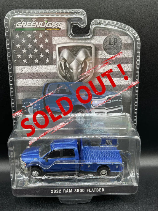 GREENLIGHT 2022 Ram 3500 Flatbed Blue Cummins LP Exclusive 1:64 Diecast Promo