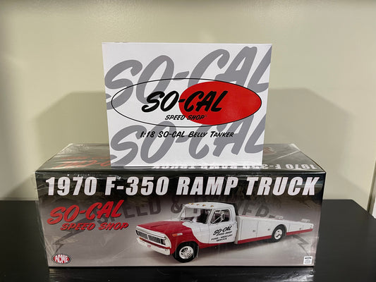 ACME 1970 Ford F-350 Ramp Truck SO-CAL with SO-CAL Belly Tanker 1:18 Scale Diecast