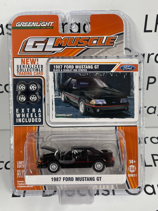 GREENLIGHT 1987 Ford Mustang GT Black Hatchback GL Muscle w/ Extra Wheels 1:64 Diecast