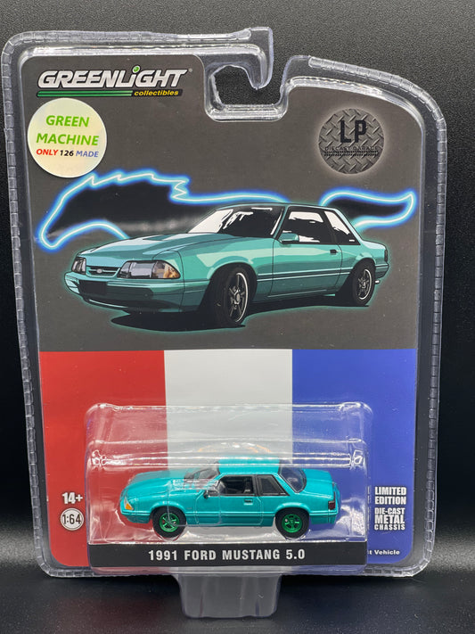GREEN MACHINE CHASE GREENLIGHT 1991 Ford Mustang 5.0 LX Calypso LP 1:64 Diecast