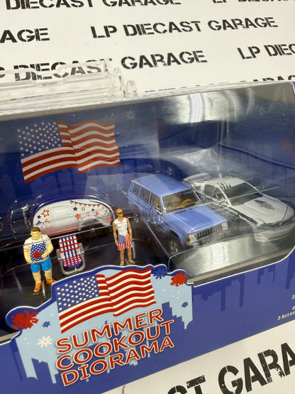 GREENLIGHT Summer Cookout Diorama Mustang Chevy Jeep Trailer Set 1:64 Diecast