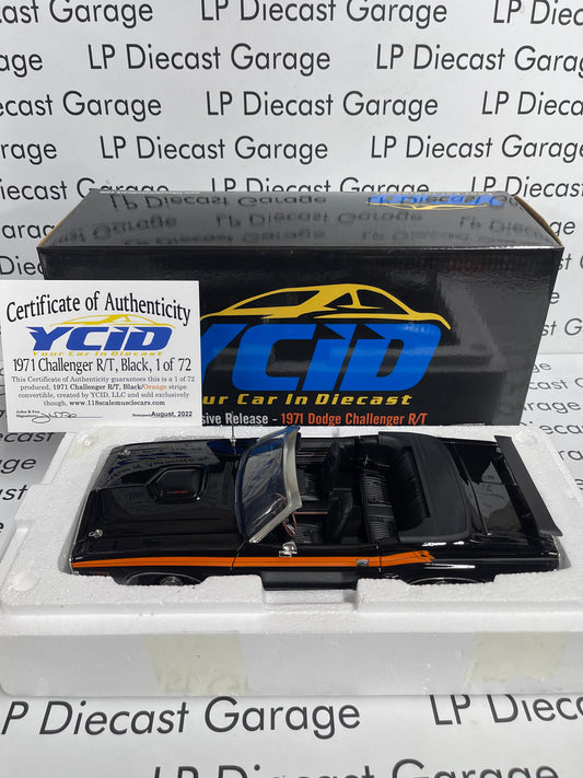 ACME YCID 1971 Dodge Challenger R/T Black w/ Orange Stripe Convertible 1:18 Diecast A1806020BY