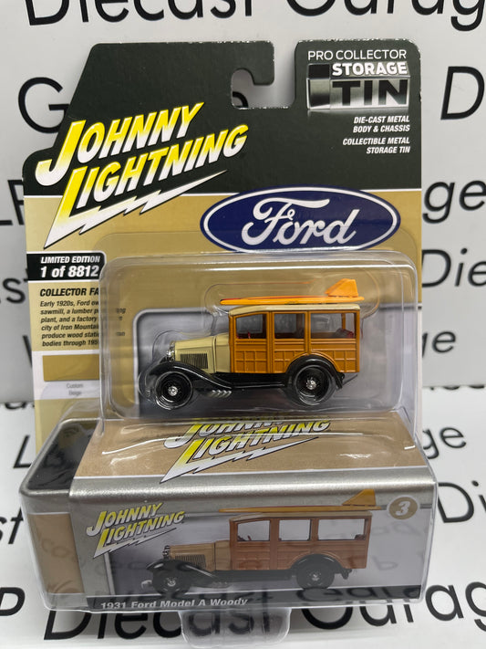 JOHNNY LIGHTNING 1931 Ford Model A Woody Custom Beige Pro Collector Tin 1:64 Diecast
