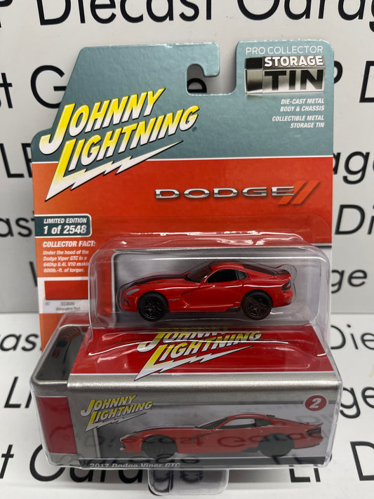 JOHNNY LIGHTNING 2017 Dodge Viper GTC Adrenaline Red w/ Black Stripes Collector Tin 1:64 Diecast