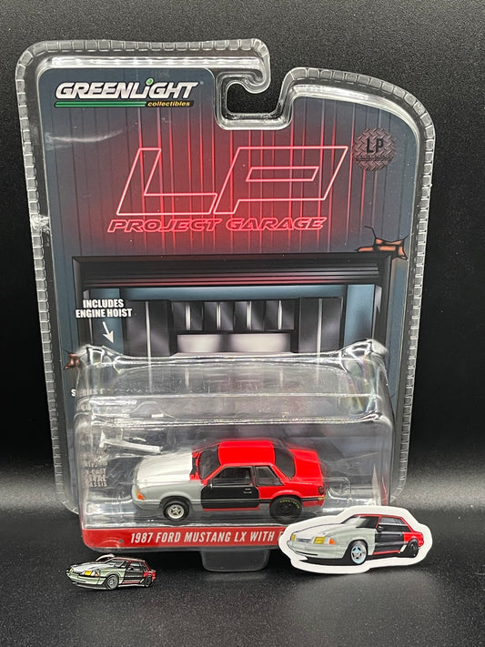 GREENLIGHT 1987 Ford Mustang LX with Engine Hoist Red + Pin & Sticker Project LP Diecast Garage Exclusive 1:64 Diecast Promo