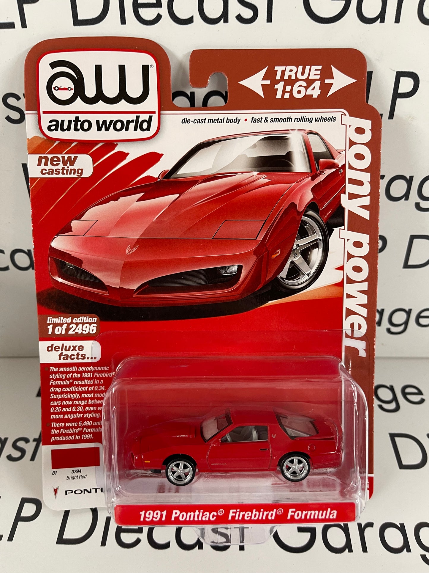 AUTO WORLD 1991 Pontiac Firebird Formula Bright Red 1:64 Diecast Pony Power