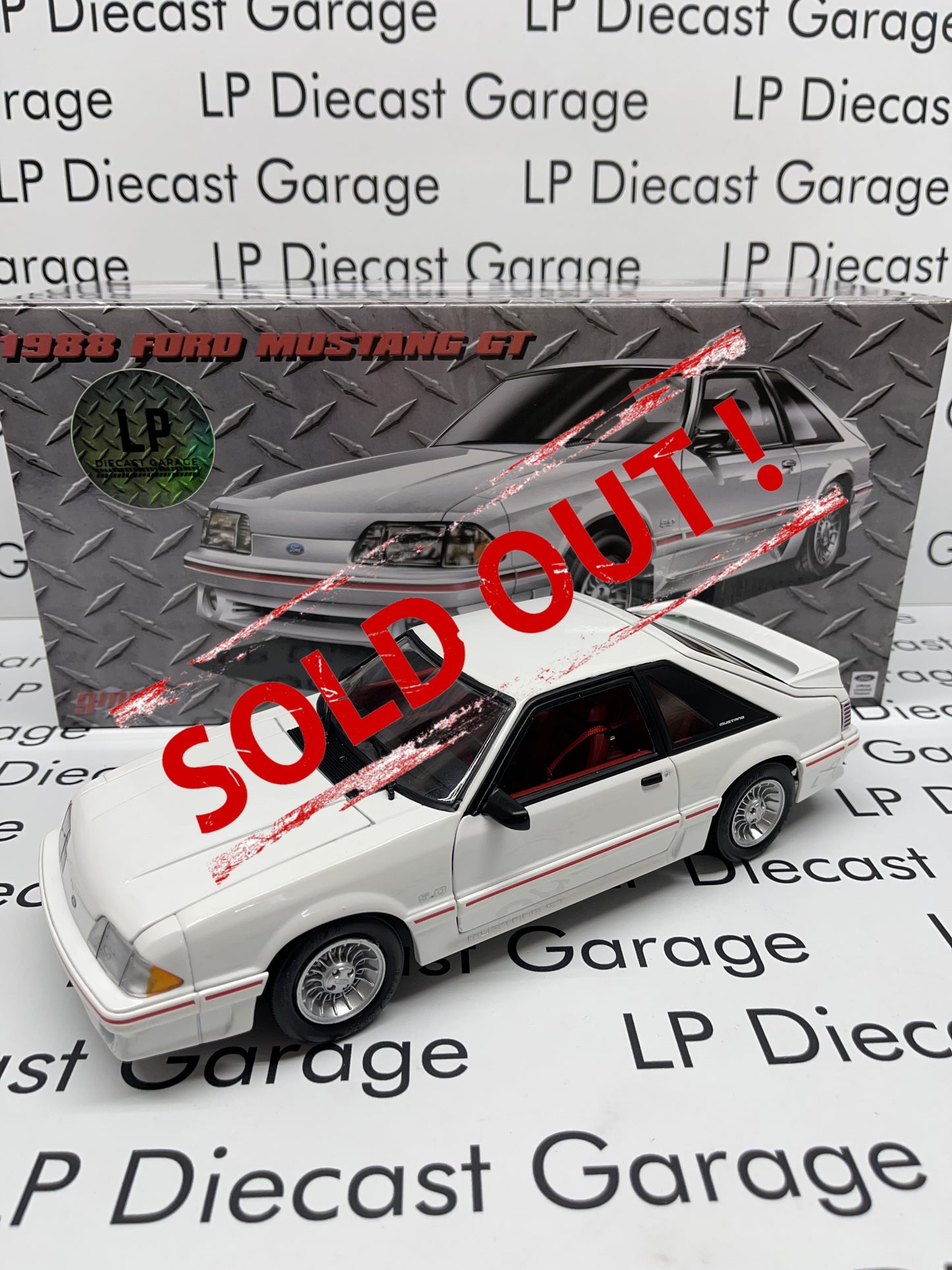 GMP 1988 Ford Mustang GT Oxford White w/ Red Body Stripe LP Diecast Garage Exclusive 1:18 Diecast