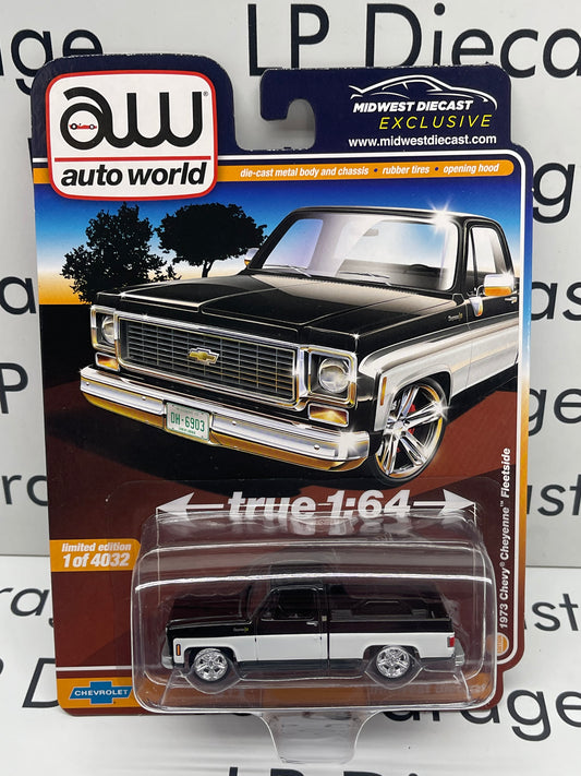 AUTO WORLD 1973 Chevy Cheyenne Fleetside Black & White Midwest Exclusive 1:64 Diecast