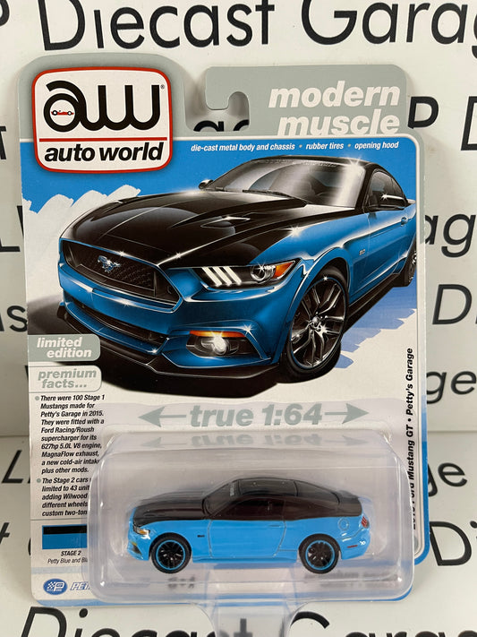 AUTO WORLD 2015 Ford Mustang GT Petty's Garage Petty Blue & Black 1:64 Diecast Modern Muscle