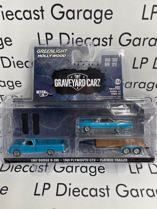 GREENLIGHT 1967 Dodge D-200 1967 Plymouth GTX Trailer 1:64 Diecast Graveyard Carz