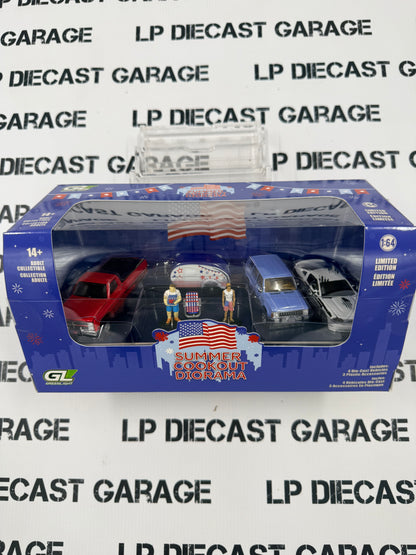 GREENLIGHT Summer Cookout Diorama Mustang Chevy Jeep Trailer Set 1:64 Diecast
