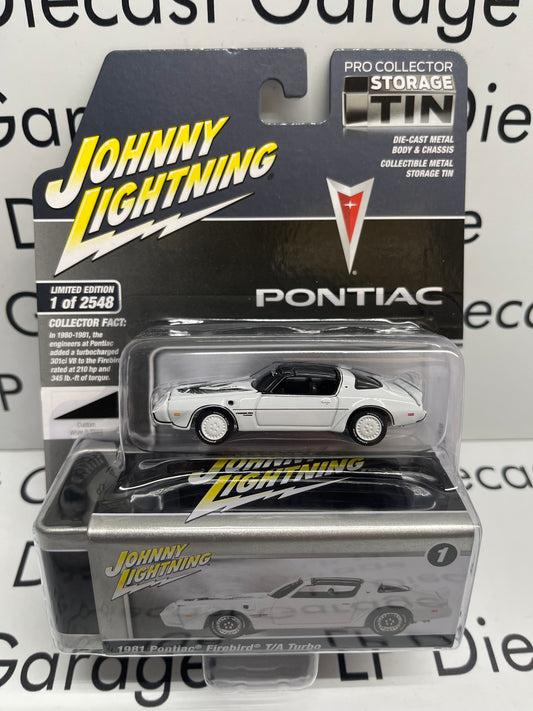 JOHNNY LIGHTNING 1981 Pontiac Firebird T/A Turbo White Pro Collector Tin 1:64 Diecast