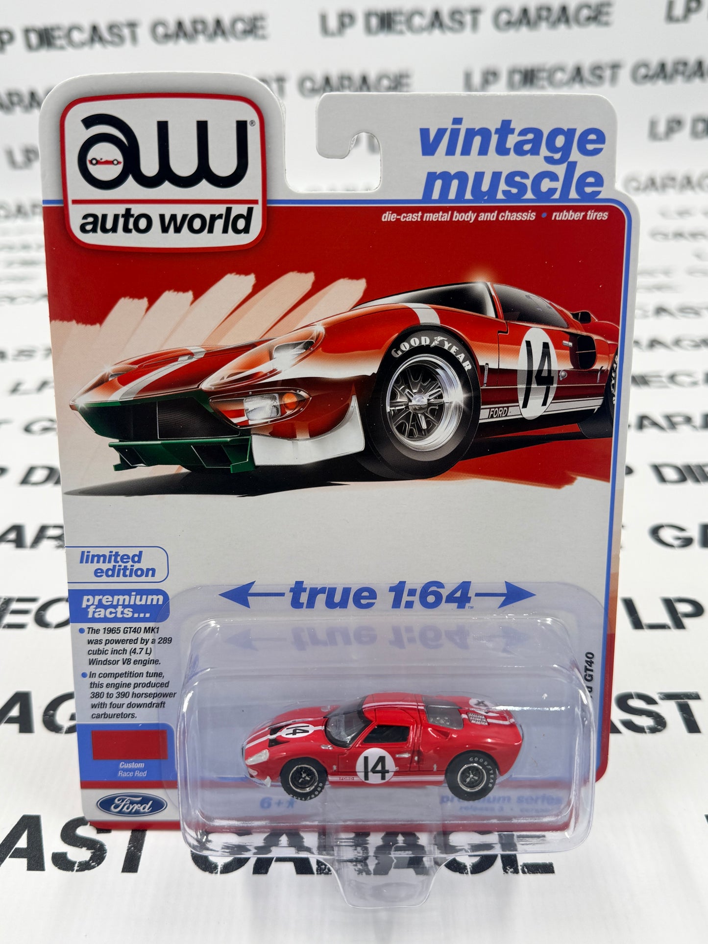 AUTO WORLD 1965 Ford GT40 Race Red #14 1:64 Diecast Vintage Muscle