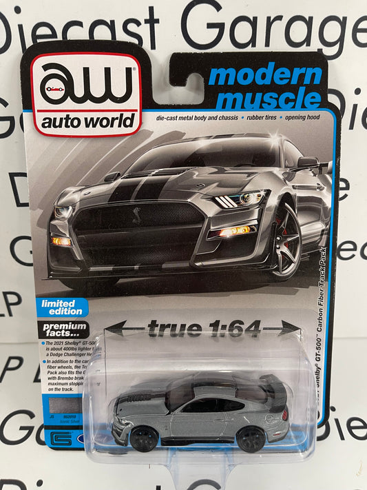AUTO WORLD 2021 Ford Mustang GT-500 Carbon Fiber Track Pack Iconic Silver 1:64 Diecast