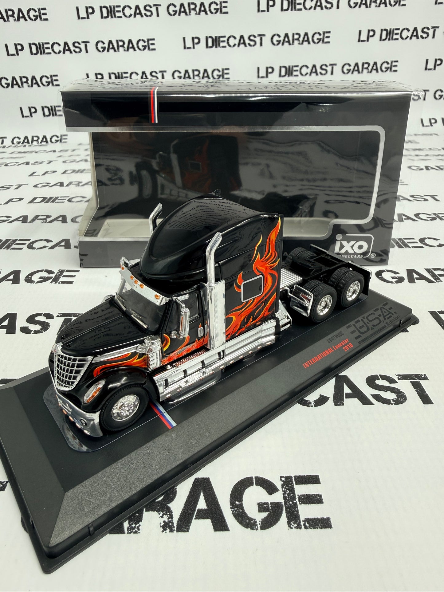 IXO Models 2010 International Lonestar Black w/ Flames Semi Truck 1:64 Diecast