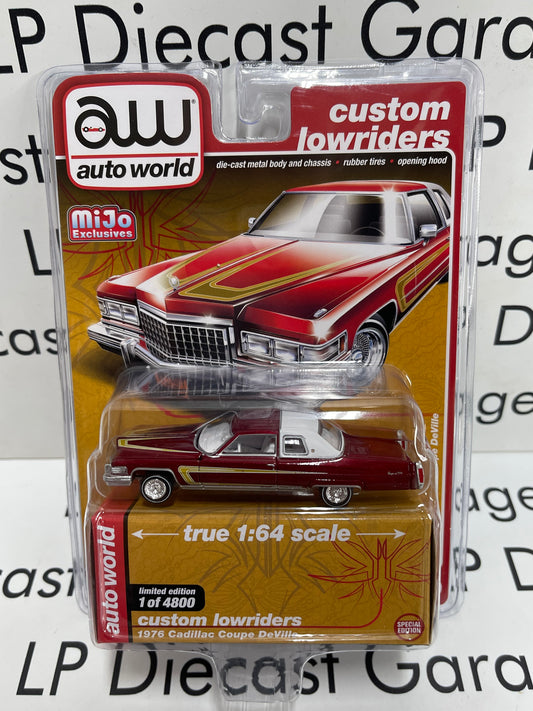 AUTO WORLD 1976 Cadillac Coupe Deville Candy Red MiJo Exclusive 1:64 Diecast Custom Lowriders