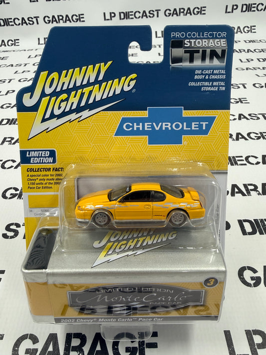JOHNNY LIGHTNING 2002 Chevy Monte Carlo Pace Car Yellow 1:64 Diecast Collector Tin