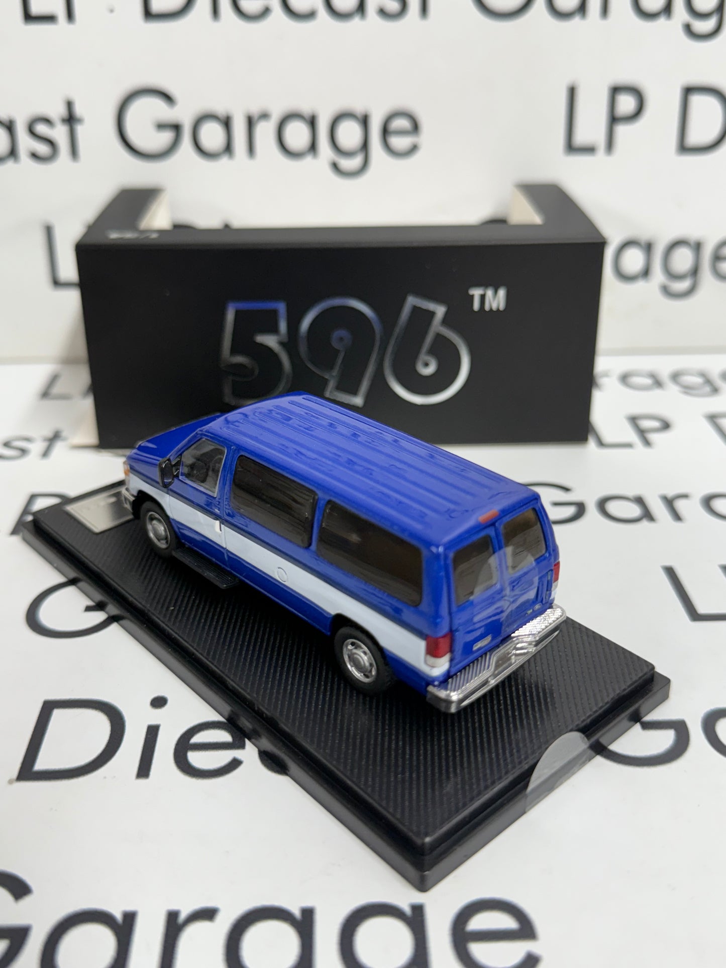 596 Model Ford E-350 Van Blue w/ White Stripe 1:64 Diecast Opening Rear Doors