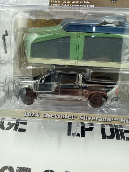 CHROME CHASE GREENLIGHT 2024 Chevrolet Silverado & Pop-Up Camper Gray 1:64 Diecast Hitch & Tow