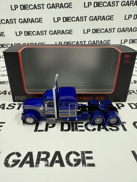 596 Model Classic Peterbilt 379 Blue & Gray Custom Semi Truck 1:64 Diecast