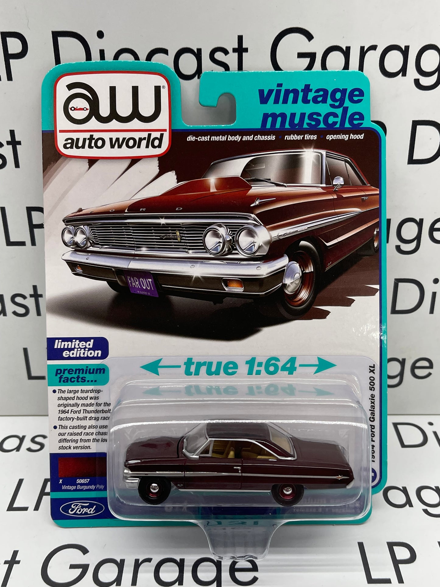AUTO WORLD 1964 Ford Galaxie 500 XL Vintage Burgundy Poly Vintage Muscle 1:64 Diecast