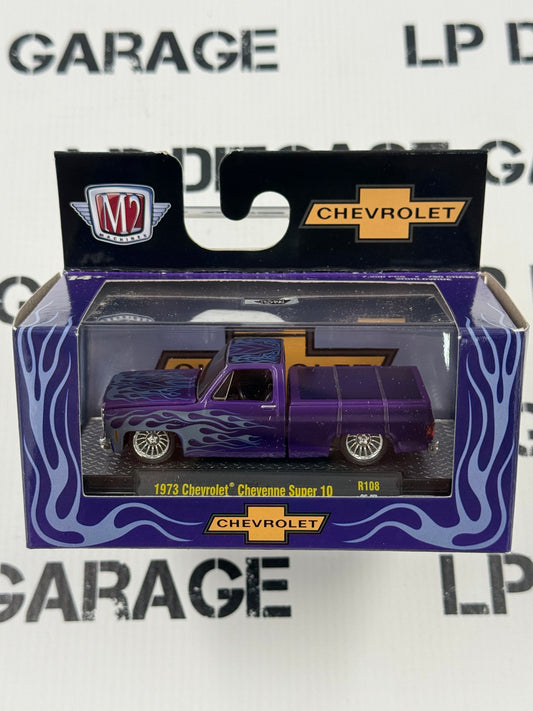 M2 1973 Chevrolet Cheyenne Super 10 Purple w/ Flames 1:64 Diecast