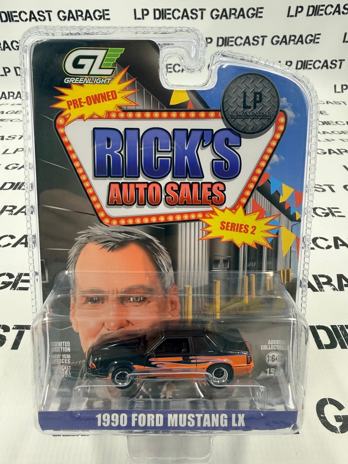 GREENLIGHT 1990 Ford Mustang LX Orange w/ Flames LP Exclusive 1:64 Diecast Ricks Auto Sales