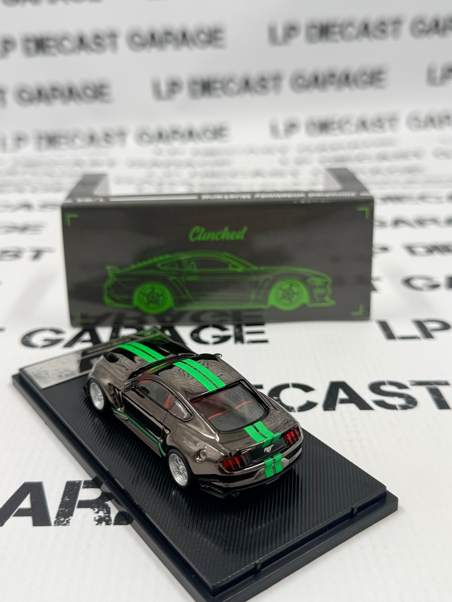 LIBERTY64 Ford Mustang Clinched Chrome w/ Green Stripes 1:64 Diecast Ghost Player