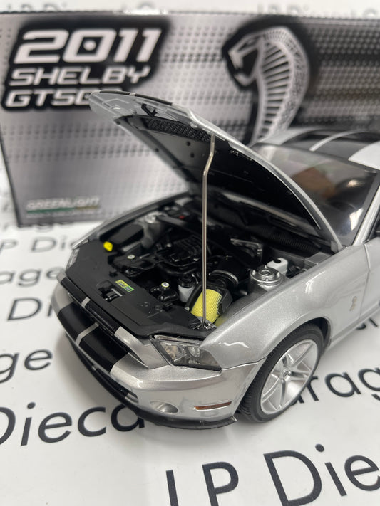 GREENLIGHT 2011 Ford Mustang Shelby GT500 Ingot Silver w/ Black Stripes 1:18 Diecast